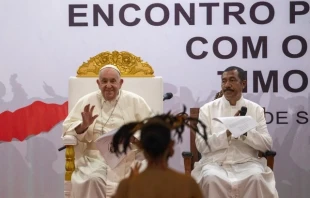 Pope Francis speaks at the Dili Convention Center in East Timor, Wednesday, Sept. 11, 2024. Credit: Daniel Ibáñez/CNA