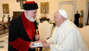 Pope Francis welcomes Patriarch of the Assyrian Church of the East Mar Awa III to the Vatican on Nov. 9, 2024.