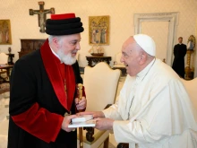 Pope Francis welcomes Patriarch of the Assyrian Church of the East Mar Awa III to the Vatican on Nov. 9, 2024.