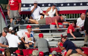 Trump supporters are seen covered with blood in the stands in aftermath of assassination attempt against former President Donald Trump in Butler, Pennsylvania, July 13, 2024. Credit: Photo by REBECCA DROKE/AFP via Getty Images