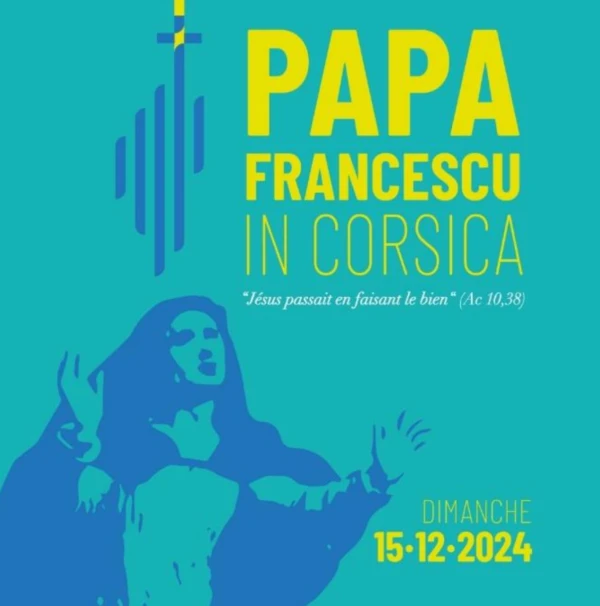 Official logo for Pope Francis’ apostolic visit to Corsica on Dec. 15, 2024, featuring the motto "Jesus Went About Doing Good" (Acts 10:38). The design highlights the Virgin Mary, Queen of Corsica, with symbolic Mediterranean and Christian elements. Credit: Vatican