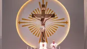 Pope Francis presides beneath a crucifix at Mass at Singapore National Stadium, Thursday, Sept. 12, 2024