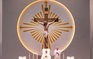 Pope Francis presides beneath a crucifix at Mass at Singapore National Stadium, Thursday, Sept. 12, 2024 Credit: Daniel Ibáñez/CNA