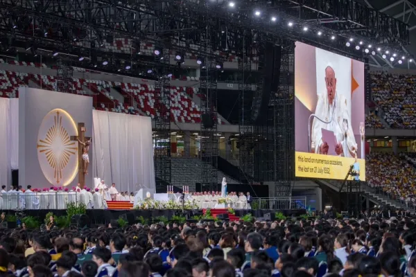 Pope Francis is seen as the faithful fill Singapore National Stadium for a papal Mass on Thursday, Sept. 12, 2024. Credit: Daniel Ibáñez/CNA