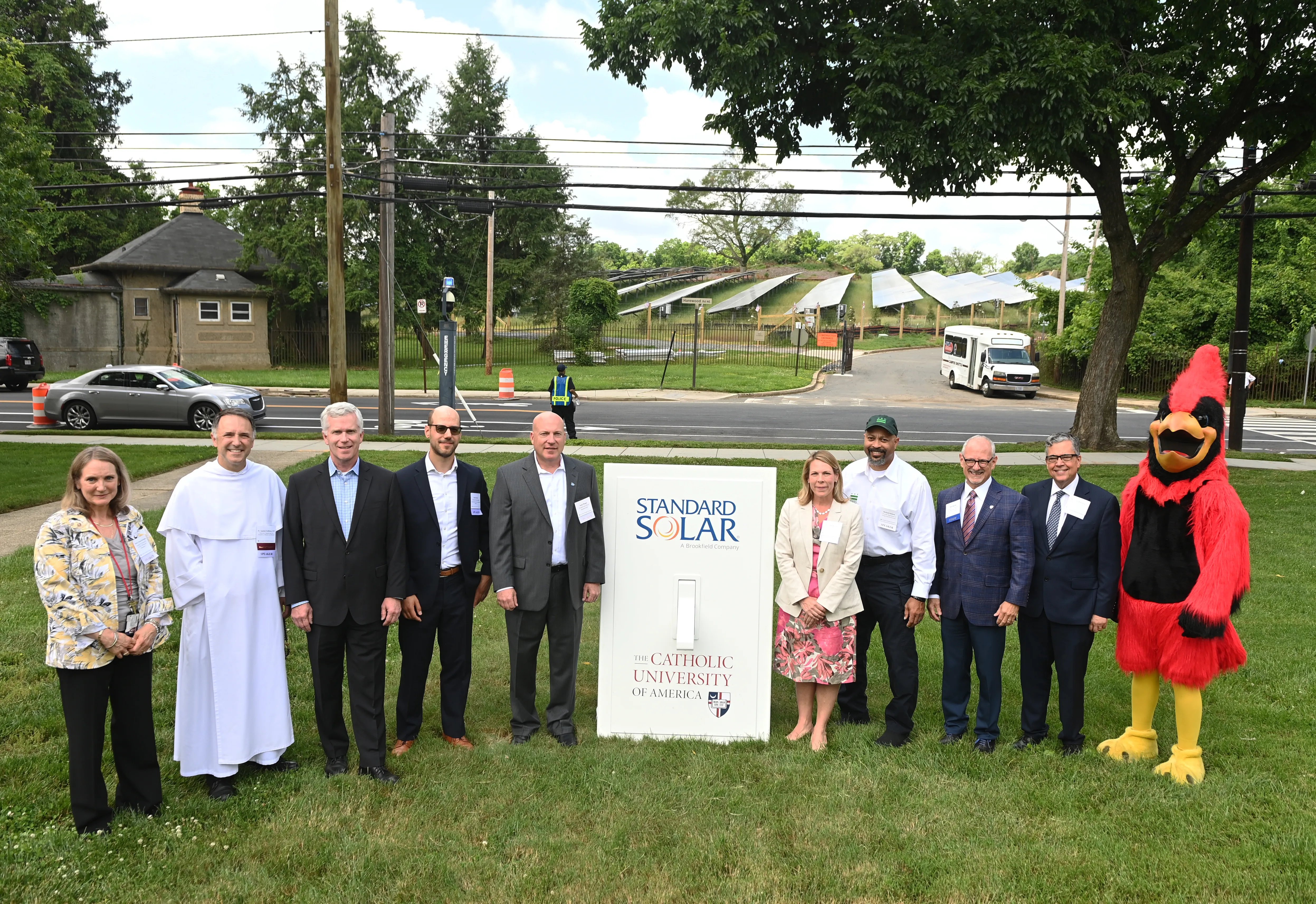 The Catholic University of America President Peter Kilpatrick (next to mascot) with Standard Solar, university, and government leaders on June 3, 2024.?w=200&h=150