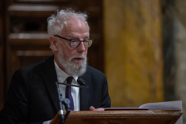 Notre Dame theologian Cyril O’Regan, a Ratzinger Prize winner, speaks at the Joseph Ratzinger-Benedict XVI Vatican Foundation awards ceremony at the Vatican on Nov. 22, 2024. Credit: Daniel Ibañez/CNA