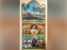 Painting of Father Damien De Veuster and images with lepers and his first church on Molokai Island, Hawaii, from Mary, Star of the Sea Catholic Church.