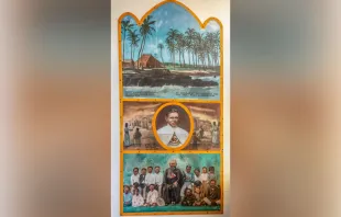 Painting of Father Damien De Veuster and images with lepers and his first church on Molokai Island, Hawaii, from Mary, Star of the Sea Catholic Church. Credit: Claudine Van Massenhove/Shutterstock