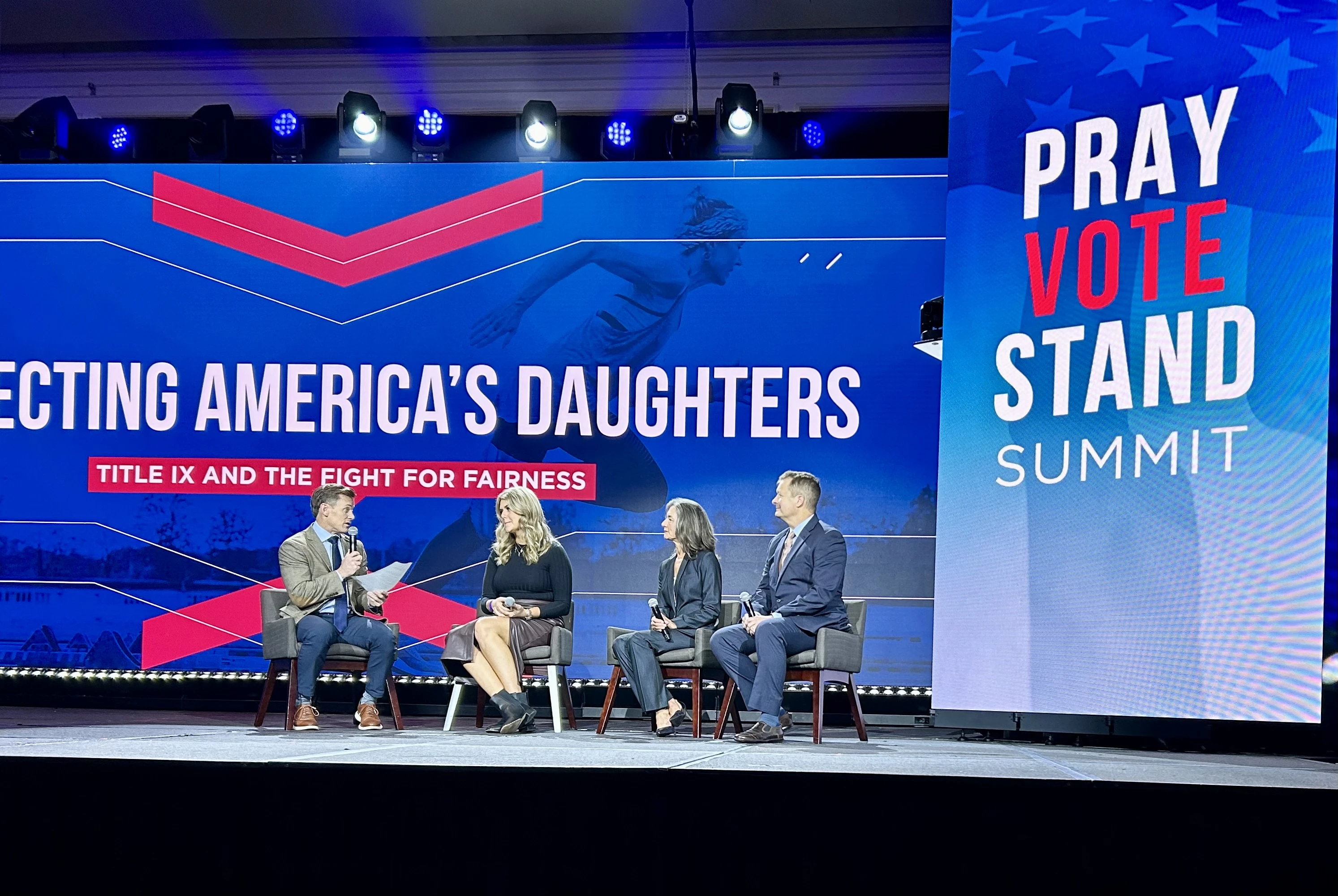 Panelists discuss how the transgender movement is impacting young women in particular at the 2024 Pray Vote Stand Summit panel “Saving America’s Daughters: Title IX and the Fight for Fairness.” From left to right: moderator Joseph Backholm, Macy Petty, Doreen Denny, and William Bock.?w=200&h=150