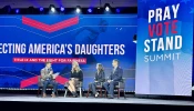 Panelists discuss how the transgender movement is impacting young women in particular at the 2024 Pray Vote Stand Summit panel “Saving America’s Daughters: Title IX and the Fight for Fairness.” From left to right: moderator Joseph Backholm, Macy Petty, Doreen Denny, and William Bock.