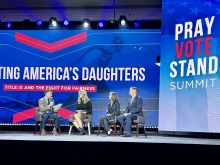 Panelists discuss how the transgender movement is impacting young women in particular at the 2024 Pray Vote Stand Summit panel “Saving America’s Daughters: Title IX and the Fight for Fairness.” From left to right: moderator Joseph Backholm, Macy Petty, Doreen Denny, and William Bock.