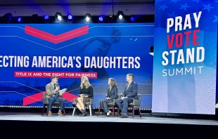 Panelists discuss how the transgender movement is impacting young women in particular at the 2024 Pray Vote Stand Summit panel “Saving America’s Daughters: Title IX and the Fight for Fairness.” From left to right: moderator Joseph Backholm, Macy Petty, Doreen Denny, and William Bock. Credit: Madalaine Elhabbal/CNA