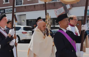 Archbishop Samuel Aquila leads the Eucharistic procession down Colfax Avenue in Denver on June 9, 2024. Credit: Kate Quiñones/CNA