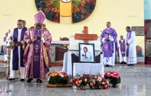 Bishop Willy Ngumbi Ngengele of the Goma Diocese presides over the Oct. 1, 2024, funeral Mass for Edmond Bahati Mbarushimana, a Catholic journalist in the Democratic Republic of Congo who was murdered Sept. 27. Credit: Kivunyota