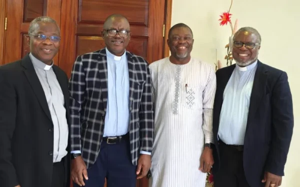 From Right to left: Father Joyzy Egunjobi, Director of the Nairobi Centre of PSI; Professor Gabriel Egbe, Dean of the Faculty of Humanities at Veritas University Abuja; Father Hyacinth Ichoku, Vice Chancellor of Veritas University Abuja; and Father George Ehusani, Executive Director of Lux Terra Leadership Foundation. Credit: ACI Africa