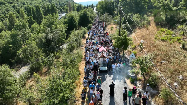 A drone shot from the Eucharistic procession leading to the St. Charbel Hermitage Site and the monastery of St. Maroun Annaya, where Mass was then celebrated on July 22, 2024. Credit: Father Chadi Bechara