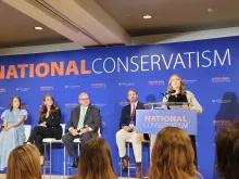 “Beyond Dobbs” panelists at the 2024 National Conservatism Conference on July 10, 2024, in Washington, D.C., included, left to right: Emma Waters, senior research associate at The Heritage Foundation; Mary Margaret Olohan, author and journalist at The Daily Signal; Tom McClusky, conservative policy strategist; Chad Pecknold, professor of systematic theology at The Catholic University of America; and Katy Talento, CEO of AllBetter Health.