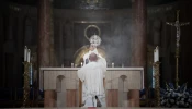 A Dominican friar blesses the faithful with the Eucharist during Benediction at the Dominican Rosary Pilgrimage at the National Shrine of the Immaculate Conception in Washington, DC, on Sept. 28, 2024.