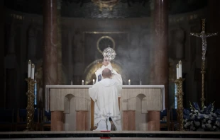 A Dominican friar blesses the faithful with the Eucharist during Benediction at the Dominican Rosary Pilgrimage at the National Shrine of the Immaculate Conception in Washington, DC, on Sept. 28, 2024. Credit: Jeffrey Bruno