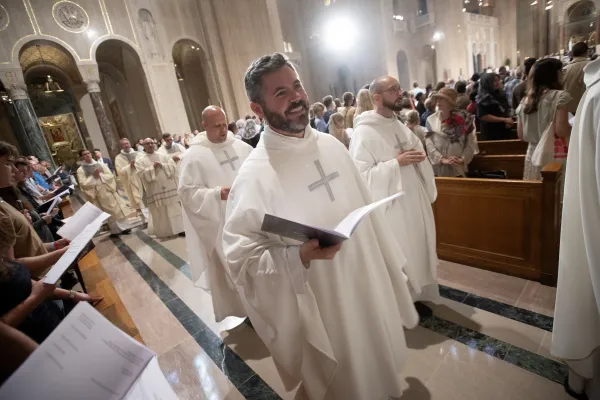 Father Patrick Briscoe and other Dominican friars sing hymns at the Dominican Rosary Pilgrimage at the National Shrine of the Immaculate Conception in Washington, D.C., on Sept. 28, 2024. Credit: Jeffrey Bruno