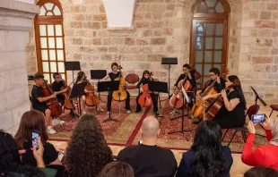 A group of cello students from the Magnificat Institute of Jerusalem performs on May 30, 2024. Today, the Magnificat Institute welcomes over 200 students each year (as young as 5 years old) and relies on the collaboration of 25 teachers. It has a choir (which also serves the liturgies of the Custody of the Holy Land) and several orchestras. Credit: Marinella Bandini