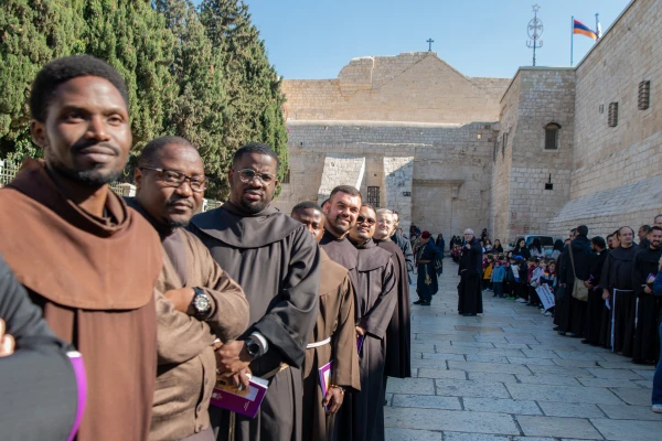 The Franciscan friars of the Custody of the Holy Land wait for the custos in front of the Basilica of the Nativity on the occasion of his solemn entrance in Bethlehem on Nov. 30, 2024, for the beginning of Advent. Credit: Marinella Bandini