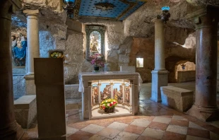 The interior of the Milk Grotto in Bethlehem. In the background, the most well-known depiction of Our Lady of the Milk. According to a Christian tradition dating back to the sixth century, the Virgin Mary was nursing the baby Jesus here, and when, in haste to flee to Egypt, she took him off her breast, a drop of milk fell to the ground, turning the stone completely white. Credit: Marinella Bandini