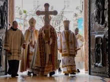 The entry of the cross into the Basilica of the Annunciation in Nazareth on Dec. 29, 2024, marks the opening of the 2025 Jubilee Year of Hope in the Holy Land. The Latin patriarch of Jerusalem, Cardinal Pierbattista Pizzaballa, crossed the threshold of the basilica carrying the jubilee cross accompanied by Archbishop Moussa Hage, Maronite archbishop of Haifa and the Holy Land (on his right), and Archbishop Youssef Matta, Greek Catholic (Melkite) archbishop of Acre, Haifa, Nazareth, and Galilee (on his left).