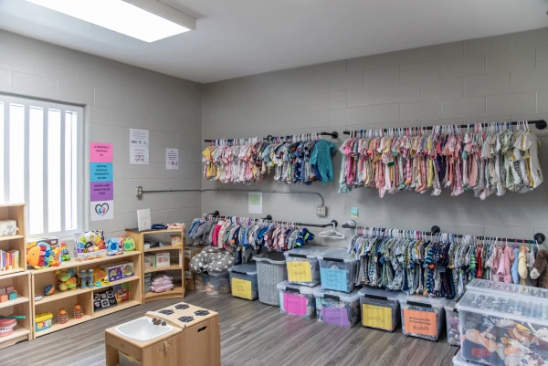 Children's and baby's clothing are seen in the nursery facility at the Women’s Eastern Reception, Diagnostic, and Correctional Center (WERDCC) in Vandalia, Missouri. Credit: Missouri Department of Corrections