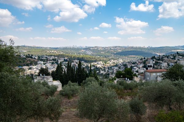 Pogled s brda Kiryat Yearim, gdje se nalazi crkva Gospe od Zavjetnog kovčega. U podnožju brda nalazi se muslimansko selo Abu Gosh, s vidljivim Jeruzalemom u pozadini, udaljenim nešto više od devet milja. Mjesto, koje se u Bibliji spominje kao 