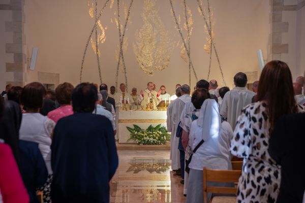 Cardinal Pierbattista Pizzaballa, the Latin patriarch of Jerusalem, celebrates the Eucharistic liturgy on the altar he dedicated in the Church of Our Lady of the Ark of the Covenant in Kiryat Yearim on Aug. 31, 2024. Credit: Marinella Bandini