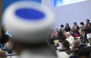 Pope Francis speaking at the 7th Congress of Leaders of World and Traditional Religions in Nur-Sultan, Kazakhstan, Sept. 15, 2022. Vatican media