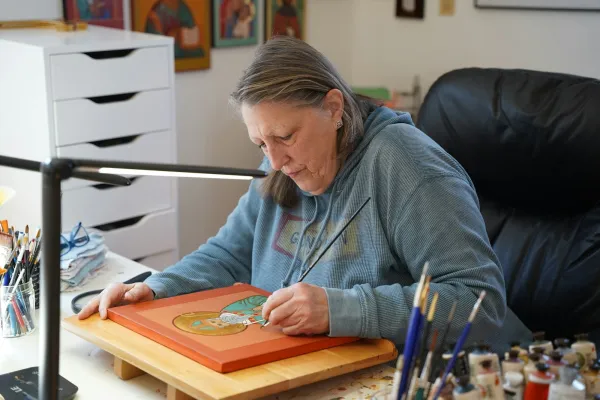 Kathleen Crombie said all of her work in iconography is rooted in prayer, from discerning if God wants a particular icon to be written and during the creative process of writing the icon. Credit: Daniel Meloy/Detroit Catholic