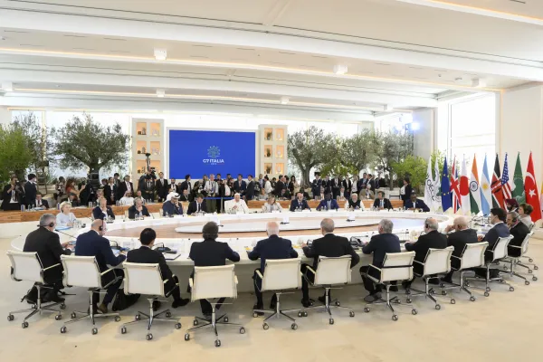 Pope Francis addresses the G7 Summit for the first time on June 14, 2024. In his remarks, he stressed that human dignity requires that the decisions of artificial intelligence (AI) be under the control of human beings. Credit: Vatican Media