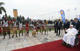 Pope Francis is greeted at the N’Dolo Airport in the Democratic Republic of Congo on Jan. 31, 2023. Credit: Vatican Media