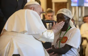 On his second day in the Congolese capital of Kinshasa, Feb. 1, 2023, Pope Francis listened to the stories of victims of violence from the Democratic Republic of Congo’s conflict-ridden eastern region. Credit: Vatican Media