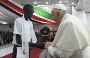 Pope Francis meets a boy living in an IDP camp during a gathering in Juba, South Sudan, on Feb. 4, 2023. Vatican Media