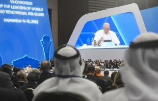 Pope Francis speaking at the opening and plenary session of the Seventh Congress of Leaders of World and Traditional Religions at the Palace of Independence in Nur-Sultan, Kazakhstan, Sept. 14, 2022 Vatican Media