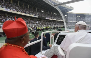 Pope Francis interacted with an energetic crowd of 65,000 young adults and catechists at Martyrs' Stadium in Kinshasa, Democratic Republic of Congo, on Feb. 2, 2023. Vatican Media