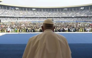 Pope Francis interacted with an energetic crowd of 65,000 young adults and catechists at Martyrs' Stadium in Kinshasa, Democratic Republic of Congo, on Feb. 2, 2023. Vatican Media