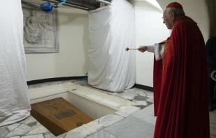 The coffin of Pope Benedict XVI is prepared for interment in the crypt of St. Peter's Basilica on Jan. 5, 2023. Vatican Media