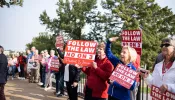 Pro-life protestors hold signs outside the Missouri Supreme Court on Sept. 10, 2024 advocating against Amendment 3, which would dramatically expand abortion access in Missouri if passed in November.