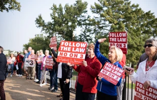 Pro-life protestors hold signs outside the Missouri Supreme Court on Sept. 10, 2024 advocating against Amendment 3, which would dramatically expand abortion access in Missouri if passed in November. Credit: Courtesy of Thomas More Society