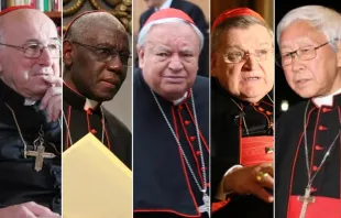 Left to right: German Cardinal Walter Brandmüller, Guinean Cardinal Robert Sarah, Mexican Cardinal Juan Sandoval Íñiguez, American Cardinal Raymond Burke, and Chinese Cardinal Zen Ze-Kiun. Credit: Bohumil Petrik/CNA; Intermirifica.net; Daniel Ibáñez/CNA