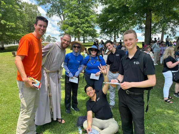 Members of the St. Juan Diego Route of National Eucharistic Pilgrimage team smile for a photo during a stop at the Shrine of the Most Blessed Sacrament in Hanceville, Alabama, on June 20, 2024. Credit: EWTN
