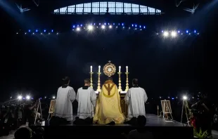 Bishop Andrew Cozzens of Crookston, Minnesota, who spearheaded the U.S. bishops’ initiative of Eucharistic Revival, adores Christ in the Eucharist with tens of thousands of people in Lucas Oil Stadium on July 17, 2024. Credit: Jeffrey Bruno