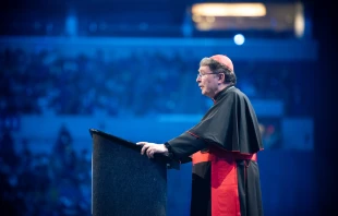 Cardinal Christophe Pierre, Pope Francis’ apostolic nuncio to the United States, addresses the National Eucharistic Congress in Indianapolis in July 2024. Credit: Jeffrey Bruno