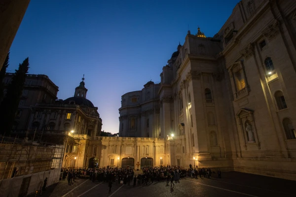 Members of the Synod on Synodality gather in Protomartyers Square at the Vatican for an ecumenical prayer service on Friday, Oct. 11, 2024. Credit: Daniel Ibañez/CNA