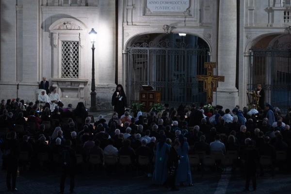 Pope Francis listens to an Orthodox church leader during an ecumenical prayer service in Protomartyrs Square at the Vatican on Oct. 11, 2024. Credit: Daniel Ibañez/CNA