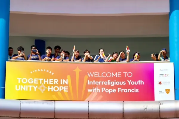 Young people gather at an interreligious meeting with Pope Francis at Catholic Junior College in Singapore, Friday, Sept. 13, 2024. Credit: Daniel Ibáñez/CNA